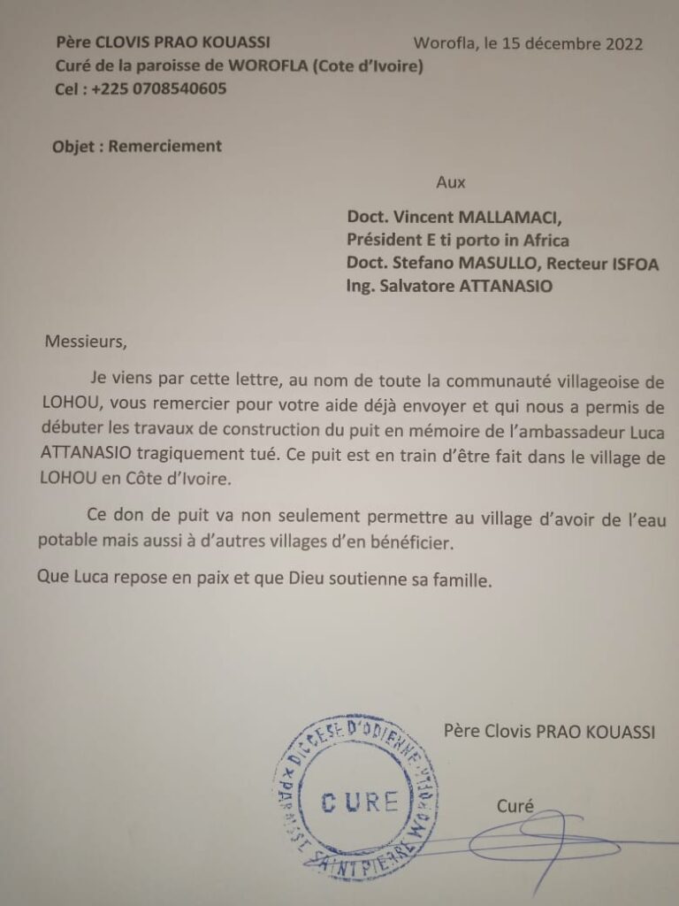 Missiva pervenuta dalla Missione di Worofla Costa d’Avorio da parte del Missionario Padre Clovis Prao che ringrazia l’Università ISFOA